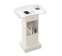 Red Wooden Podium Stand with Wheels, Curved Design, Double-Layer Storage, Mobile Metal Lectern for Professional Speeches, Presentations, and Events - Ideal for Conferences & Lectures