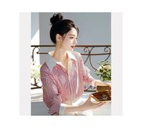 (Red, XXL) Beautiful Red Striped Polo Shirts Spring Autumn New Long Sleeve Loose Youth All-match Fashion Blouse Sweet Korean Women Clothing