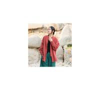 (Red, XXL) Vintage Shirt Women New Chinese Style Frog Solid Simple Leisure Loose Comfortable Single Breasted O-neck Minimalist Autumn Wear