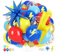 Red Yellow Blue Balloons, Cartoon Theme Birthday Balloons with Large Lightning and Star Foil Balloon, Red Blue Yellow Confetti Lightning Printed Balloon for Kids Boys Anime Party Carnival Circus Decor