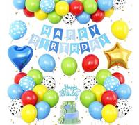Red Yellow Blue Birthday Decorations,Kids Birthday Decor with Cow Print Sky Light Blue Cloud Balloon Banner Cake Topper Star Heart Foil Balloon for Farm Themed Party Decorations