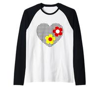 Red Yellow Flowers in Black White Tartan Heart Shapes Mania Raglan Baseball Tee