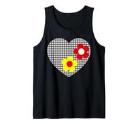 Red Yellow Flowers in Black White Tartan Heart Shapes Mania Tank Top