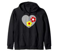 Red Yellow Flowers in Black White Tartan Heart Shapes Mania Zip Hoodie