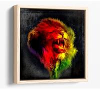 Red & Yellow Lion Sketch Canvas Floater Frame Square Print Picture Art - Light Oak Frame 16 inch wide x 16 inch high
