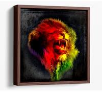 Red & Yellow Lion Sketch Canvas Floater Frame Square Print Picture Art - Walnut Frame 24 inch wide x 24 inch high