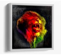 Red & Yellow Lion Sketch Canvas Floater Frame Square Print Picture Art - White Frame 30 inch wide x 30 inch high