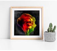 Red & Yellow Lion Sketch Stunning Framed Wall Art Picture Print Square - 35cm wide x 35cm high - Light Oak Frame