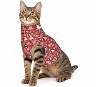 Red Yuletide Print Cat Dog Neck Recovery Wrap | Soft stretch pet neck protector for post-op wound care & calm support