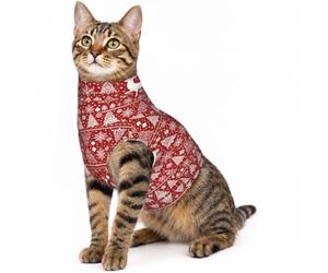 Red Yuletide Print Cat Dog Neck Recovery Wrap | Soft stretch pet neck protector for post-op wound care & calm support