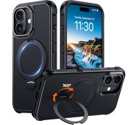 Red2Fire Compatible with iPhone 16 Case with Stand Magnetic 360° Spin O-Ring Kickstand, Translucent Matte Military-Grade Phone Case 6.1 inch, Black
