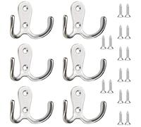 Redamancy Double Coat Hooks, 6 PCS Wall Hooks for Hanging with 16 PCS Screws Chrome, Retro Silver Coat Hooks for Door & Wall, Metal Door Hooks for Hanging Robe, Towel, Coat, Bag & Hat