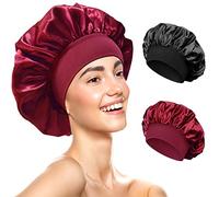 Redamancy Satin Bonnet - Silk Sleep Cap for Curly Hair, Wide Band Night Cap (2 Pcs, Black, Red)