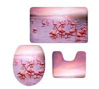 RedBeans Anti-Slip 3-Piece Soft Absorbent Bathroom Rug Set Flamingo Bath Mat Contour and Toilet Cover
