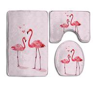 RedBeans Bath Mat,3 Piece Bathroom Rug Set,Pink Flamingo Flannel Non Slip Toilet Seat Cover Set,Large Contour Mat,Lid Cover For Men/Women
