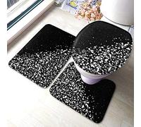 RedBeans Black White Glitter 3 Piece Non Slip Pedestal Bath Mat Set, Toilet Lid Cover Mat, Breathable Memory Foam Bath Mats Soft Comfortable Water Absorbent Toilet Bathroom Rug