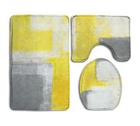 RedBeans HanSmallT Grey And Yellow Abstract Art Painting White Non Slip 3 Piece Bath Mat Pedestal Rug + Lid Toilet Cover + Bath Mat Customized Artwork Print