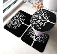 RedBeans Non Slip Bath Mat 3 Piece Flannel Bathroom Rug Set,Branches Tree Black White Gondor Lord Autumn Drawing Ring Bathroom Sets Mats,Including Soft Bath Mat Pedestal Mat and Toilet Seat Cover