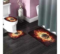 RedBeans Non Slip Bath Mat 3 Piece Flannel Bathroom Rug Set,Fire Skull Flaming Skulls Soft Pedestal Anti Slip Shower Mat And Toilet Cover Rug Set