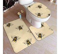 RedBeans Non Slip Bath Mat 3 Piece Flannel Bathroom Rug Set,Honey Bee Soft Pedestal Anti Slip Shower Mat And Toilet Cover Rug Set