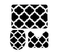 RedBeans Non Slip Bath Mat 3 Piece Flannel Bathroom Rug Set,Moroccan Quatrefoil Black and White Lattice Trellis Soft Pedestal Anti Slip Shower Mat Carpet Toilet Cover Rug Set