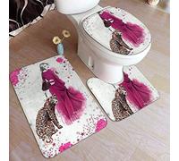 RedBeans Non Slip Bath Mat 3 Piece Flannel Bathroom Rug Set,Pink Leopard Lady Soft Pedestal Anti Slip Shower Mat And Toilet Cover Rug Set