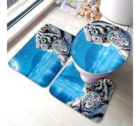 RedBeans Non Slip Bath Mat 3 Piece Flannel Bathroom Rug Set,White Tiger Soft Pedestal Anti Slip Shower Mat Carpet Toilet Cover Rug Set