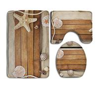 RedBeans Seashells Starfish Wood On The Beach Non-Slip Bath Mat Set 3 Piece Bathroom Mat Set Includes Bathroom Mat Contour Rug Lid Toilet Cover
