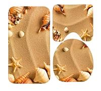 RedBeans Toilet Set Beach Sea Shell Sand 3 Piece Bathroom Set Mat Rug Non-Slip Contour Rug Toilet Lid Cover and Bath Mat