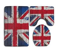 RedBeans Union Jack On Wooden Planks 3 Pcs Bath Rug Set Non-Slip Bathroom Rug Contour Mat Lid Cover For Bathroom
