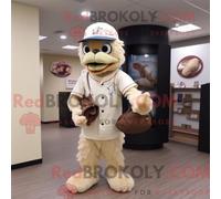 REDBROKOLY Beige Fried Chicken mascot costume character dressed with a Baseball Tee and Messenger bags, Large