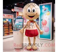 REDBROKOLY Beige Gumball Machine mascot costume character dressed with a Bikini and Clutch bags, Large