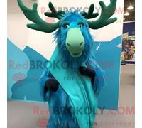 REDBROKOLY Mascot Cyan Irish Elk mascot costume character dressed with a Evening Gown and Scarf clips