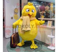 REDBROKOLY Mascot Lemon Yellow Chicken Parmesan mascot costume character dressed with a Cardigan and Clutch bags