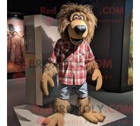 REDBROKOLY Mascot Tan Baboon mascot costume character dressed with a Flannel Shirt and Shoe clips