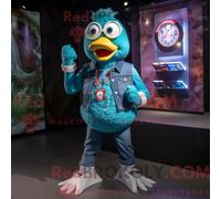REDBROKOLY Teal Chicken mascot costume character dressed with a Boyfriend Jeans and Bracelet watches, Large