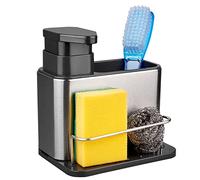 RedCall 3-in-1 Kitchen Sink Caddy, Stainless Steel Soap Dispenser, Sponge & Brush Holder, Silver, 7.1"L x 7.1"W x 7.3"H