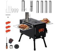 REDCAMP Hot Tent Stove, Portable Wood Burning Stove with Chimney Pipes Gloves Windproof Ropes, Foldable Log Burner for Outdoor Camping Picnic Garden Cooking Heating, Black