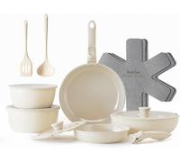 Redchef 16-Piece Detachable Handle Ceramic Cookware Set, External White color & Internal coffee color, Includes 18cm/20cm Saucepans & 20cm/26cm Pans & Detachable Handle & Cooking mat，PTFE/PFAS/PFOA-Fr