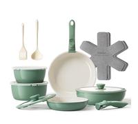 Redchef 16pcs Ceramic Pots and Pans Set Non Stick, Nonstick Ceramic Cookware Set with Detachable Handle, Non Toxic, PFAS PFOA & PTFE Free RV Cookware for Camping, Dishwasher/Oven Safe (Green)