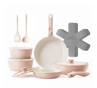 Redchef Ceramic Pots and Pans Set Non Stick, 16 pcs Nonstick Cookware Set with Detachable Handle, Non Toxic, PFAS PFOA & PTFE Free, RV Ceramic Cookware Set for Camping, Oven Safe (Pink)