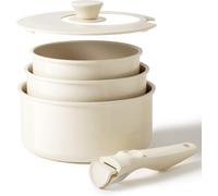 Redchef Ceramic Saucepans Set 16/18/20 cm with Removable Handle, Pot Set Induction Safe, Non-Stick, Space Saving, Stackable Design, PFAS PFOA & PTFE Free (Beige)