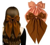 RedChimes 2 Pcs Large Ribbon Hair Bow Clips with Long Tail Bowknot Barrettes Featuring Durable Satin Ribbon and Metal Clips Stylish Hair Accessories for Women and Girls (D Brown & Orange)