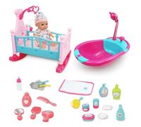 RedCrab 2-in-1 Baby Doll Toys 12" Newborn Doll Bath and Bed Play Set - Shaker and Bathtub with Shower Spray and 25pcs Accessories for Girls Pretend Play, Toy Gift Set for Age 3+ Kids