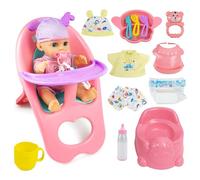 RedCrab Baby Doll Toys Set, Newborn Dolls PlaySet with High Chair Stroller Feeding ,Tableware Set and Doll Clothes Accessories, 15+ pcs toddler Pretend Play Gift Toys for Girls