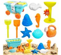 RedCrab Beach Sand Toys Set for Kids, 10Pcs Sand Pit Toys with Pull Along Wagon,Shovel, Rake, Watering Can, Hourglass & Sea Moulds, Outdoor Sandbox Toys Summer Gift for Boys Girls 3+