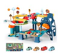 RedCrab Children Space Car Playset, Ramp Track Toy Set,Winding Highway Space Dinosaur Hill, Light and Music Educational Toy for Age 3+ Boys Girls with 4 Mini Cars and Map