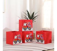 Redd Royal 4 PCS Folding Storage Boxes with Handle, Foldable Canvas Organiser Cube Basket Bin Storage Unit for Nursery Wardrobe Kids Room (4 PCS Red Car)