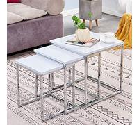 Redd Royal Modern Nesting Table Set of 3, Coffee Table Small End Table Sofa Side High Gloss Wood Tabletop with Chrome Frame Legs Space Saving for Living Room Bedroom (Square Pure White Set of 3)