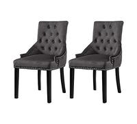 Redd Royal Set of 2 Dining Room Chair with Arms and Soft Padded Seat, Velvet Armchair for Kitchen Living Room, Upholstered Studded Occasional Chair with Black Pine Wood Legs, Dark Grey